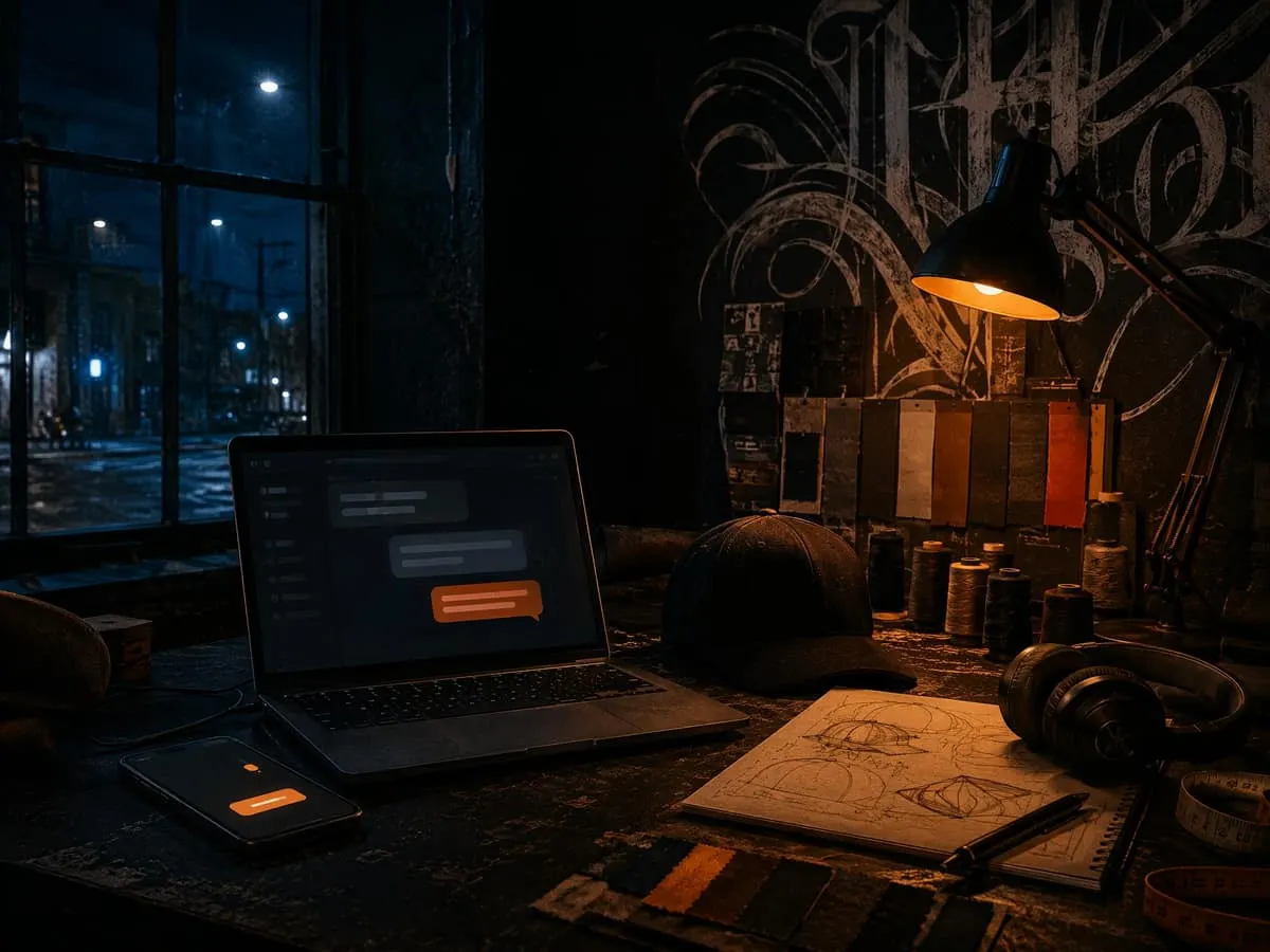 Late-night studio communication setup with laptop, phone, headset, and cap sample.